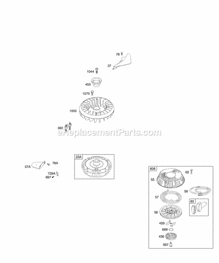 Flywheel Rewind Starter Diagram and Parts List for 216802-0108-E1  Briggs and Stratton Engine